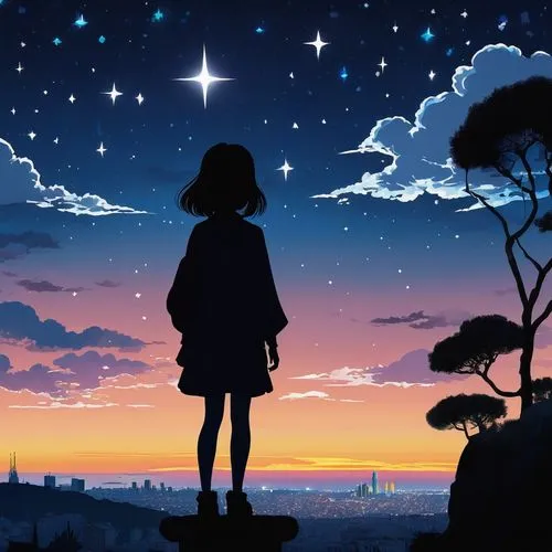 boogiepop,star sky,starry sky,silhouette art,ghibli,starlight,falling star,hisaishi, silhouette,fantasia,flcl,silhouette,moon and star background,tanabata,aimer,falling stars,night sky,clear night,nightsky,gainax,Illustration,Japanese style,Japanese Style 14