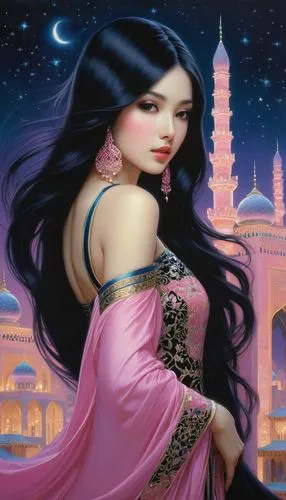 rem in arabian nights,sheherazade,oriental princess,anarkali,persia,islamic girl,Illustration,Realistic Fantasy,Realistic Fantasy 08