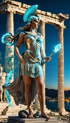 Athena defeated Poseidon in the competition for control of the city. She was called Athena Parthenon, which means "Virgin Athena".,a woman in a greek mythology costume holding a sword next to some col