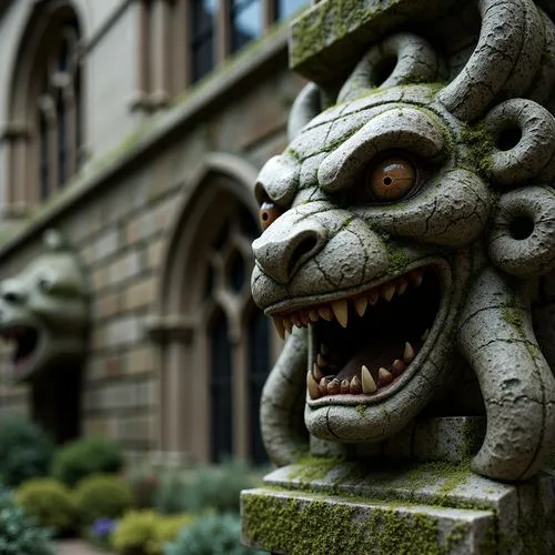 Intricate stone carvings, grotesque faces, sharp teeth, menacing eyes, weathered granite, moss-covered surfaces, Gothic architecture, medieval cathedrals, ornate facades, pointed arches, ribbed vaults