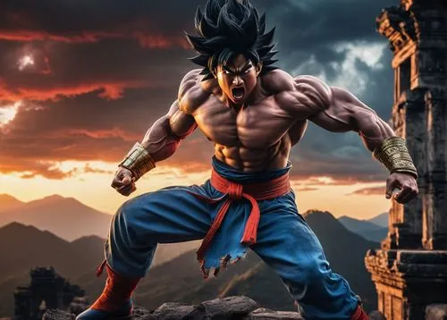 Demon King Goku, powerful muscles, fierce eyes, spiky black hair, sharp teeth, demonic horns, red aura, ripped white shirt, torn blue pants, golden belt, intense fighting pose, dramatic clouds, ancien