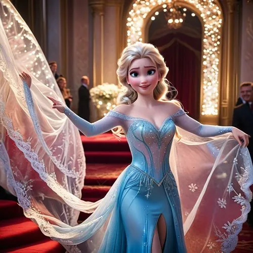 Walt Disney Pictures

Frozen ( Kinofilm CGI serie )

Königin Elsa ( Frozen )

Sie geht die stufen einer Treppe zum Königlichem Ballsaal hinunter
Das Kleid ist an manchen stellen etwas transparent,elsa