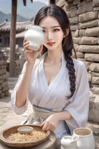 China during the Qin Empire, blue sky, mountain village drinking milk from a jug, very beautiful charming young Chinese woman with very beautiful expressive eyes, beautiful thin lips, beautiful long h