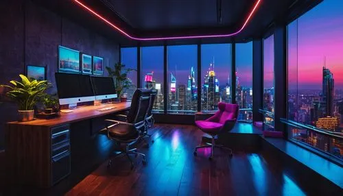 sky apartment,great room,apartment lounge,livingroom,modern room,penthouses,living room,skyloft,luxe,modern office,modern decor,modern living room,loft,colorful city,neon lights,study room,sleeping room,condo,hotel room,shared apartment,Conceptual Art,Sci-Fi,Sci-Fi 26