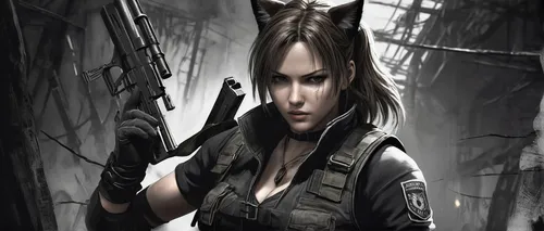 huntress,cat warrior,female warrior,wolf hunting,girl with gun,operator,mercenary,girl with a gun,feline,mobile video game vector background,lara,quiet,black cat,woman holding gun,croft,swordswoman,feline look,black shepherd,kat,catwoman,Illustration,Black and White,Black and White 30