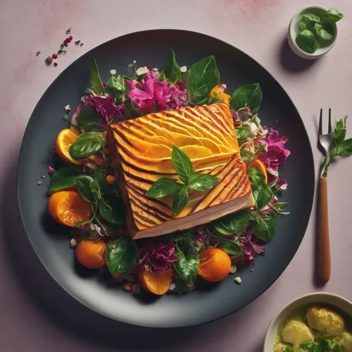 Imagine Sque O'Neil as a renowned chef who creates a mouthwatering dish with a secret ingredient. Describe the dish in vivid detail.,food styling,food photography,salmon fillet,mystic light food photo