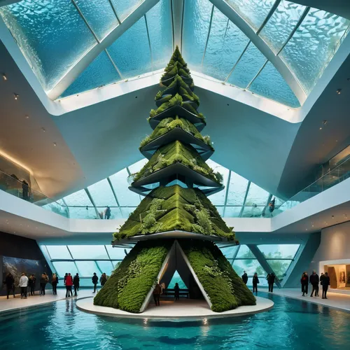 A museum where the architectural design is inspired by the structure of a Christmas tree. Incorporate the triangular shape of the tree's branches into the building's floor plan and façade. The museum'