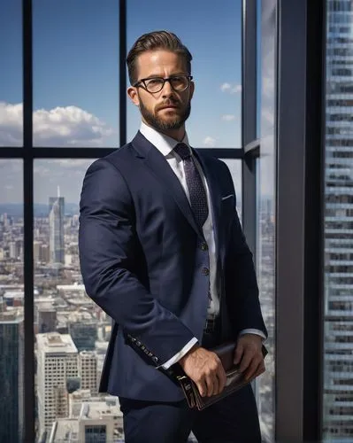 Male, chipman, architect, career man, 35yo, glasses, short hair, beard, formal wear, suit, tie, briefcase, standing, designing, working, office building, modern interior, glass walls, steel structure,