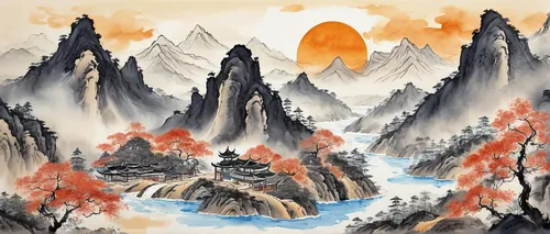 mountainous landscape,volcanic landscape,karst landscape,huangshan maofeng,mountain landscape,huashan,wuyi,zhangjiajie,autumn mountains,guilin,mountainous landforms,chinese art,mountain scene,guizhou,yunnan,fantasy landscape,chinese clouds,mushroom landscape,huangshan mountains,lava river,Illustration,Black and White,Black and White 34