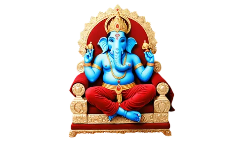 Ganesha, Indian god, remover of obstacles, sitting, crossed legs, red skin tone, four arms, intricate tattoos, golden crown, white elephant head, detailed eyes, auspicious thread around neck, ornate t