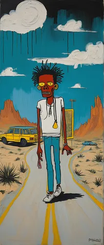 roadrunner,pedestrian,david bates,rodeo clown,el salvador dali,john day,a pedestrian,thundercat,mesquite flats,dali,walking man,matruschka,empty road,route66,route 66,black pete,vincent van gough,red cloud,lupe,high desert,Art,Artistic Painting,Artistic Painting 51