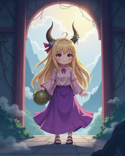 Suika Ibuki, wearing a tattered light pink blouse, a long purple and pink skirt, and three shackles with chains on her right arms and leg, (Suika Ibuki, very long blonde hair tied at the top with a re