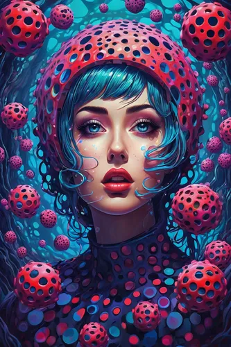 ladybug,coral bells,coral,two-point-ladybug,psychedelic art,dots,fantasy portrait,ladybugs,deep coral,lady bug,dot,hex,floral poppy,trypophobia,fantasy art,symbiotic,poisonous,coral-spot,medusa,red anemone,Conceptual Art,Daily,Daily 21