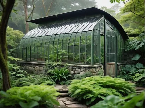 Modern greenhouse, transparent glass walls, curved roof, wooden shed underneath, lush greenery overflowing, vines crawling up the structure, rustic metal door, stone foundation, overgrown with moss, w