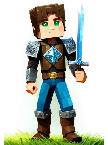 Blocky character, Minecraft style, male, solo, (12yo), green eyes, messy brown hair, casual posture, holding diamond sword, wearing leather armor, standing on grass block, daytime, soft sunlight, 3/4 