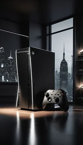 Next-gen gaming console, Xbox Series X, futuristic design, sleek black body, LED lights, vertical stand, 4K resolution, ray tracing, ambient occlusion, dynamic lighting, metallic texture, smooth edges