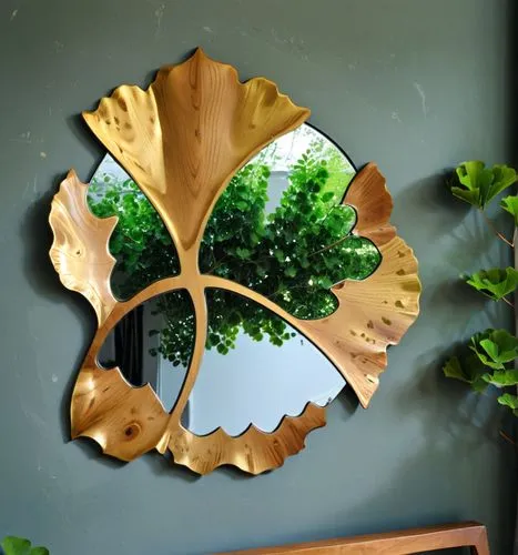 A gingko leaf mirror frame made of wood and metal ,mirror mounted to a wall near a bench,wood mirror,floral silhouette frame,marquetry,door wreath,ivy frame,exterior mirror,Conceptual Art,Fantasy,Fant