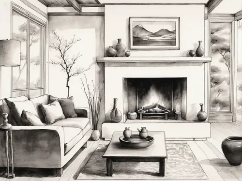 Picture a cozy living room, with a flickering fireplace and soft music in the background, as you sink into a deep camel pose.,sitting room,fireplace,livingroom,living room,fireplaces,charcoal drawing,