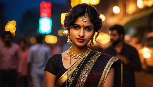 Bollywood actress, beautiful Indian woman, solo, (25yo), dark skin, thick eyebrows, red lipstick, curly black hair, golden jewelry, traditional sari, glamorous makeup, standing, dramatic pose, city st