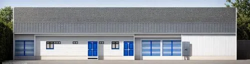 white shed, two cars in the garage, details in blue on the facade on the entrance door in black steel,garage door,blue doors,prefabricated buildings,residential house,roller shutter,garage,exterior de