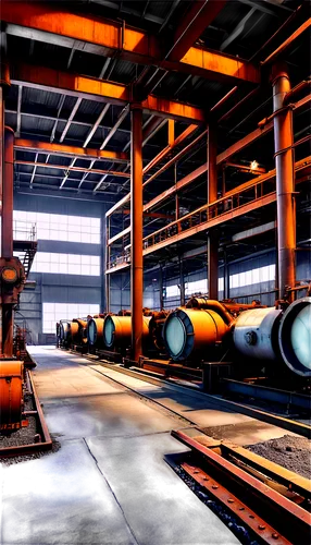 Industrial building, factory setting, metal structure, rusted pipes, conveyor belts, machinery, control panels, warning signs, steel beams, concrete floors, dim lighting, steam vents, 3/4 composition,