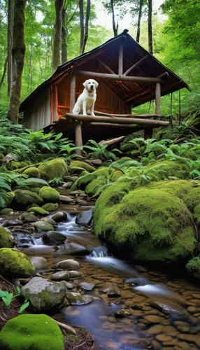 Um cachorro,house in the forest,ryokan,covered bridge,japan landscape,water mill,the chubu sangaku national park,mountain stream,log bridge,beautiful japan,forest workplace,japanese garden,great smoky