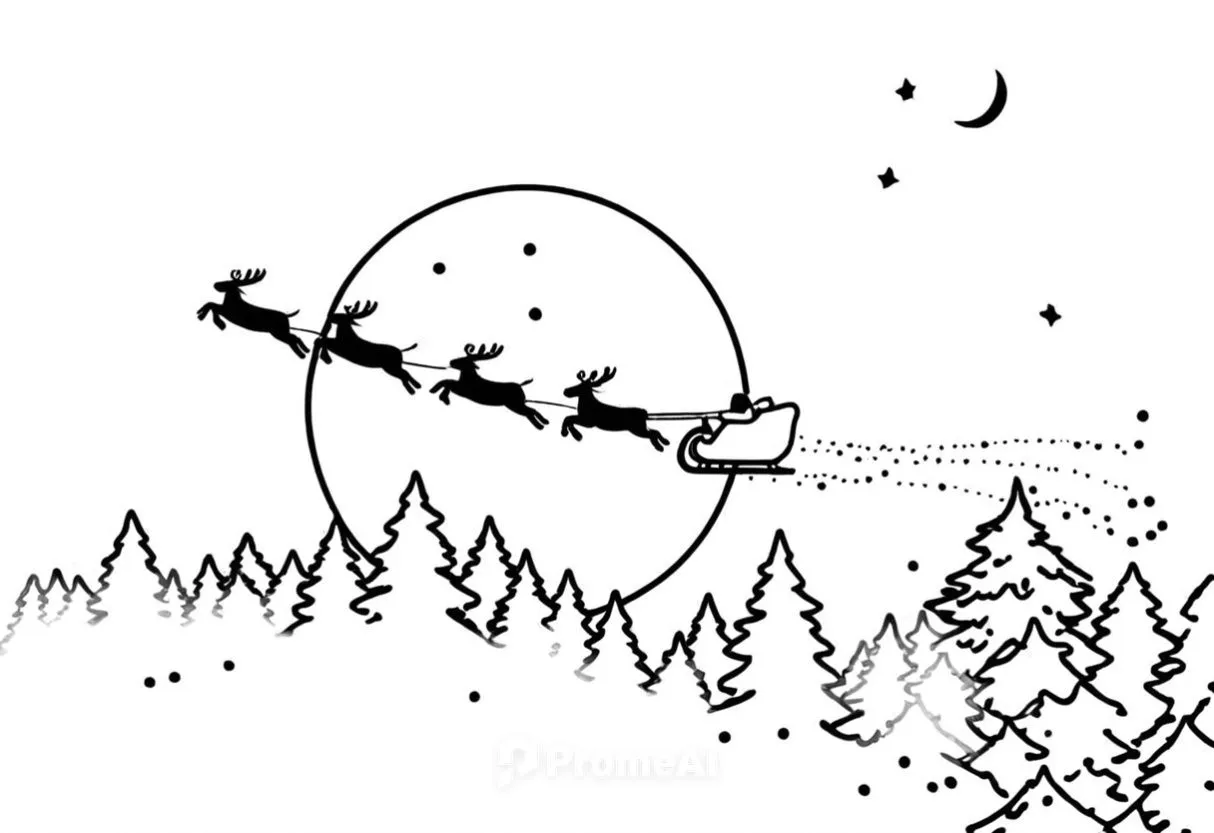 a santa claus's sleigh flying in the sky over trees,elves flight,sleigh with reindeer,sleigh ride,gnome skiing,snow slope,snow trail,Design Sketch,Design Sketch,Rough Outline