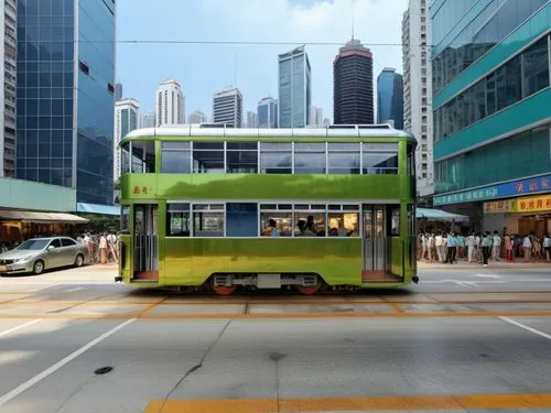 hong kong tram,metallic surface reflecting hustling hong kong streetscape
,a green bus traveling down the road past tall buildings,street car,trolley bus,tram car,tramcars,streetcars,trolley train,Pho