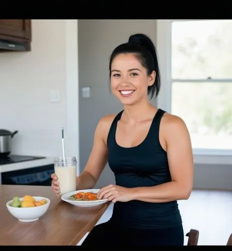 Full body image.  She is at home eating at the kitchen table.  She wears short tights, a tank top and sneakers.  Her black hair is in a ponytail and she is smiling.,a woman sitting on a kitchen table 