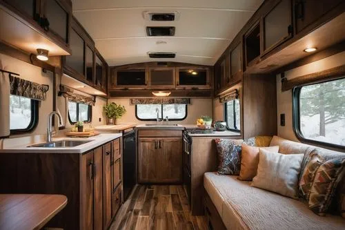 Cozy camper trailer interior, modern rustic style, wooden accents, warm beige walls, plush cream-colored sofa, patterned throw pillows, compact kitchenette, stainless steel sink, mini fridge, microwav