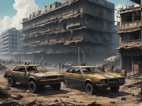 post apocalyptic,post-apocalyptic landscape,post-apocalypse,wasteland,destroyed city,scrapyard,demolition derby,rusty cars,junkyard,apocalyptic,gunkanjima,salvage yard,industrial ruin,scrap yard,abandoned car,fallout4,cairo,war zone,car scrap,car cemetery,Art,Classical Oil Painting,Classical Oil Painting 25