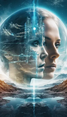 An advanced science fiction world appears before our eyes, 3000 years later,sci fiction illustration,binary system,cyberspace,cybernetics,science fiction,parallel worlds,image manipulation,connectedne