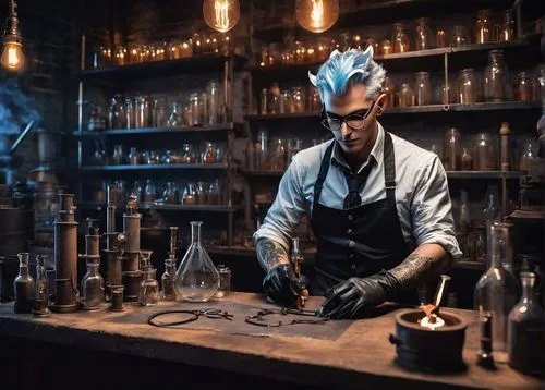 Edgy tiefling alchemist, male, slender build, messy white hair, goggles on forehead, intricate tattoos on arms, worn leather gloves, black apron with pockets, holding a smoking test tube, standing in 