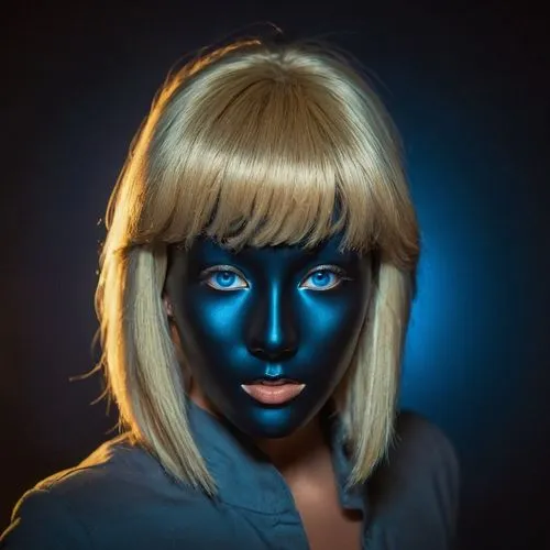 blue demon,smurfette,dark portrait,blue light,neon body painting,blacklight,Photography,Artistic Photography,Artistic Photography 15