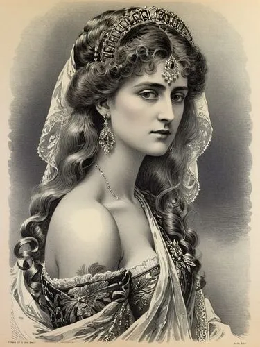 Black and white steel engraving, 1900: MARY (née von Teck), then Princess of Wales,a vintage pograph of a lady wearing a veil,vintage female portrait,miss circassian,gandhari,victorian lady,vintage wo