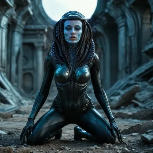 Make her full body, kneeling, with pale blue skin, dark spacesuit tight to her body, H. R. Giger style, with her alien hair reaching the ground. The setting is the ruins of an alien civilization, on a