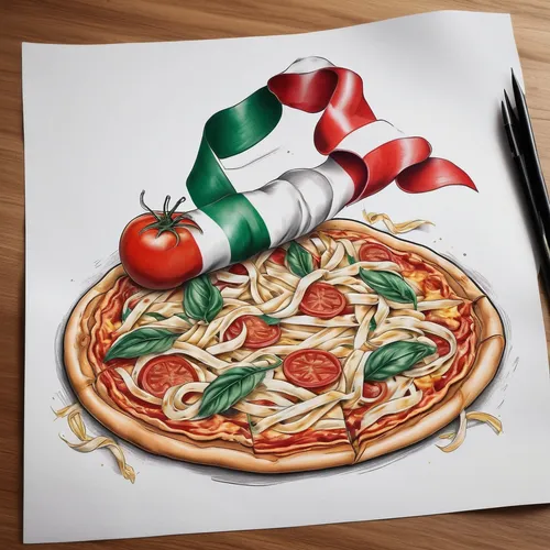 Design a realistic tattoo of an Italian flag intertwined with pasta and pizza.,italian flag,italian cuisine,italian,italian food,italy flag,volpino italiano,italian style,italians,italia,italian paint