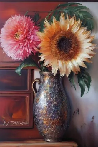 sunflowers in vase,oil painting on canvas,oil painting,flower painting,cloves schwindl inge,flower vase,summer still-life,vase,chrysanthemums bouquet,autumn still life,ikebana,carol colman,gerbera,gerbera daisies,floral composition,sunflowers,oil on canvas,yellow gerbera,autumn chrysanthemum,flower art,Illustration,Paper based,Paper Based 04