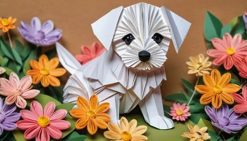 paper art, origami, quilling, cute puppy sitting among flowers,paper art,easter dog,easter décor,easter decoration,origami paper,day of the dead paper,bunny on flower,paper flowers,easter card,flower 