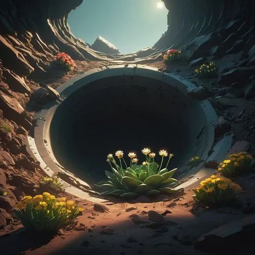 underground lake,sinkhole,mountain spring,pit cave,wishing well,lava cave,the grave in the earth,lava tube,crescent spring,sea cave,mushroom landscape,cave,cave on the water,virtual landscape,oasis,chasm,crater,tide pool,flowerful desert,water spring,Conceptual Art,Sci-Fi,Sci-Fi 11