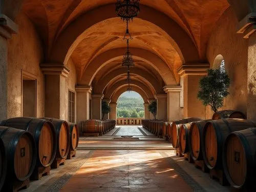 Rustic archways, ancient stone carvings, curved vaulted ceilings, ornate ironwork, wooden barrels, wine cellar atmosphere, dim soft lighting, warm earthy tones, Mediterranean landscape, rolling hills,