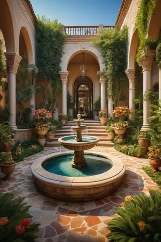 courtyards,hacienda,courtyard,philbrook,inside courtyard,patio,dorne,rosecliff,filoli,secret garden of venus,alhambra,winter garden,patios,gardens,mcnay,decorative fountains,pergola,cortile,cochere,garden of the fountain,Illustration,American Style,American Style 12