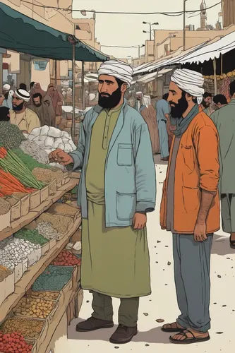 Craft a humorous dialogue between two friends haggling at an Arab market.,vegetable market,vendors,the market,souk,spice souk,greengrocer,fruit market,souq,spice market,market vegetables,vendor,afghan