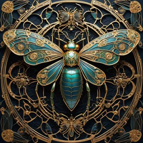 A digitally rendered image of an intricate insect-like figure, adorned with symmetrical decorative elements characteristic of Art Deco. The design includes elaborate geometric patterns, curving lines,