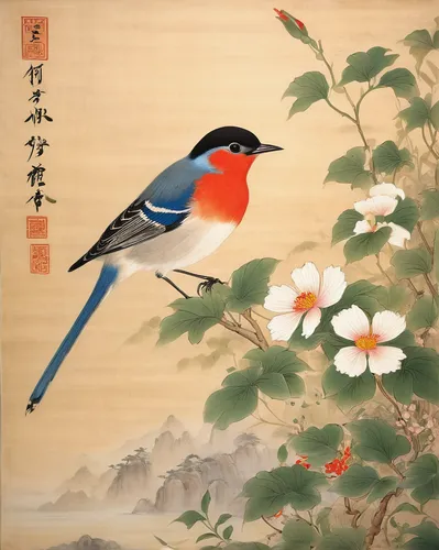 flower and bird illustration,bird painting,blue birds and blossom,oriental painting,chinese art,asian bird,japanese art,bird flower,song bird,blue bird,an ornamental bird,cool woodblock images,ornamental bird,bird illustration,spring bird,bird on branch,taijitu,decoration bird,passerine bird,fairywren,Art,Classical Oil Painting,Classical Oil Painting 13