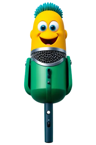 Cartoon style, funny sound effect, colorful microphone, shiny surface, rounded shape, big smile, bright eyes, goofy expression, comedic pose, dynamic composition, vibrant colors, exaggerated features,