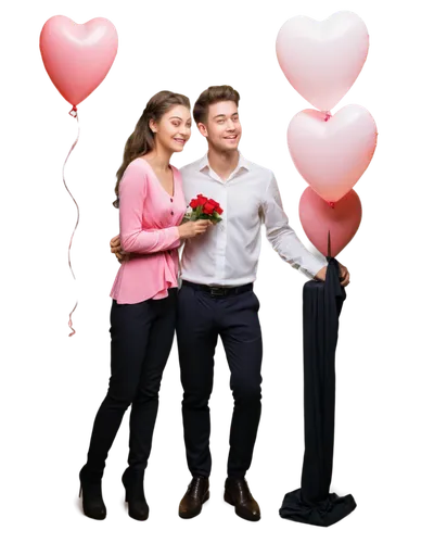 Valentine's Day couple, holding hands, smiling, romantic, tender moment, soft focus, warm lighting, gentle makeup, pink dress, white shirt, black pants, roses in hair, bouquet of flowers, heart-shaped