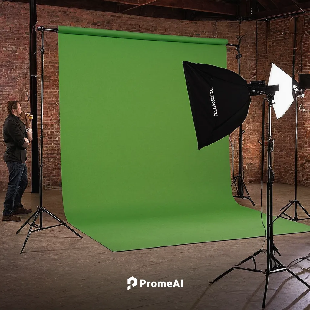 Create a seamless transition between a green screen and a chosen background,chromakey,green screen,photography studio,photo studio,photo equipment with full-size,visual effect lighting,photo shoot in 