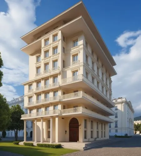 The building is a classical hotel,a tall white building with balconies on the first floor,appartment building,plattenbau,kempinski,natolin,herrenhausen,grand hotel europe,Photography,General,Realistic