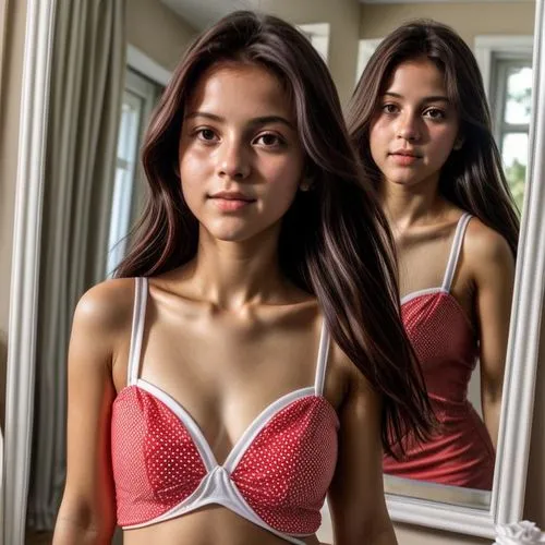 wearing a red mini dress with white big dots.  in front of the mirror,doll looking in mirror,mirror,in the mirror,coral red,bidadari,filipina,filipinas,sukarnoputri,mirror reflection,ylonen,girl makin